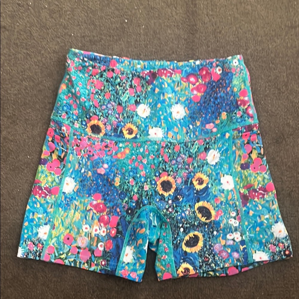 Blackmilk Blue and Pink Bike Shorts with Vibrant Pattern